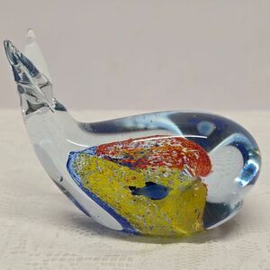 Whale Hand Blown Multicolor Glass Paperweight Figurine with Fishes Inside